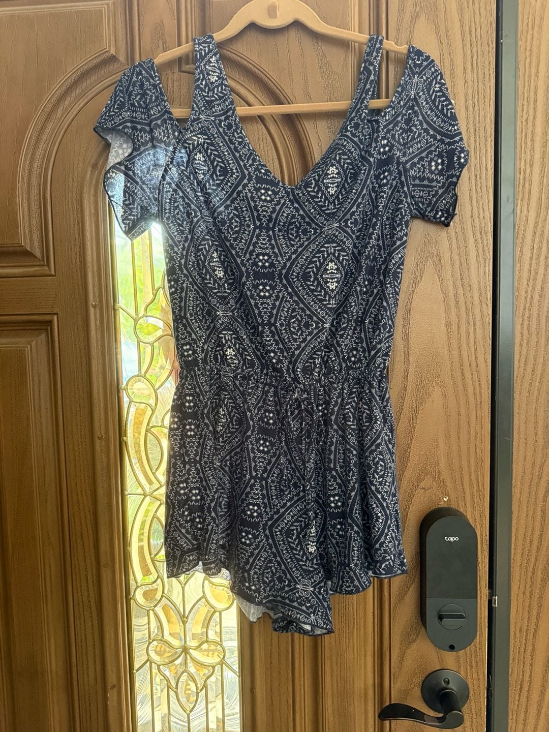 Derek Heart Cold Shoulder Printed Romper Blue White 3