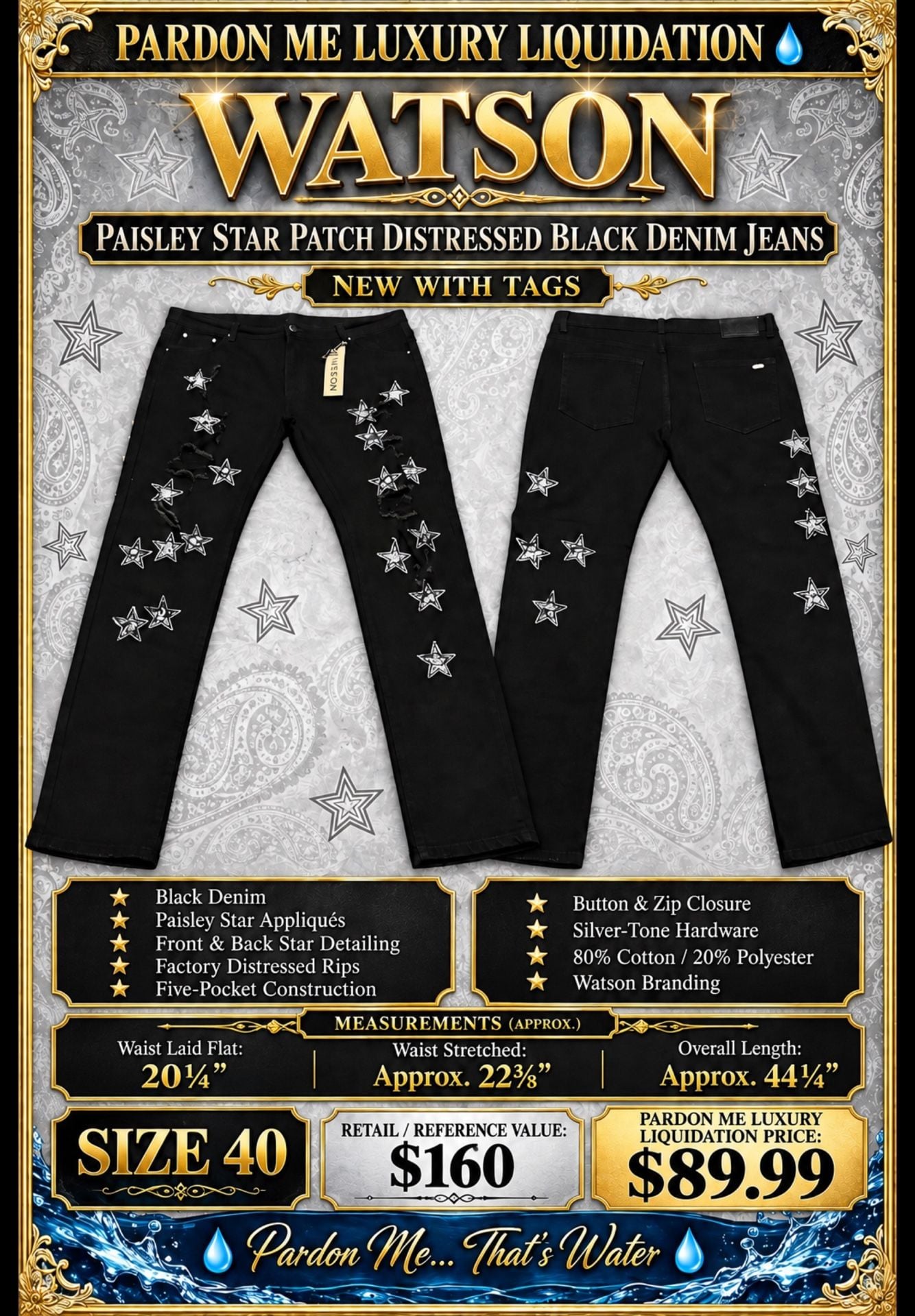 Watson Paisley Star Patch Distressed Black Denim Jeans 16