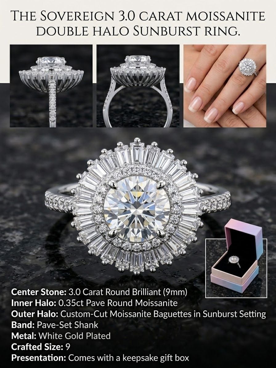 Moissanite Diamond 3 CT Center Stone Double Halo White Gold Size 9 2