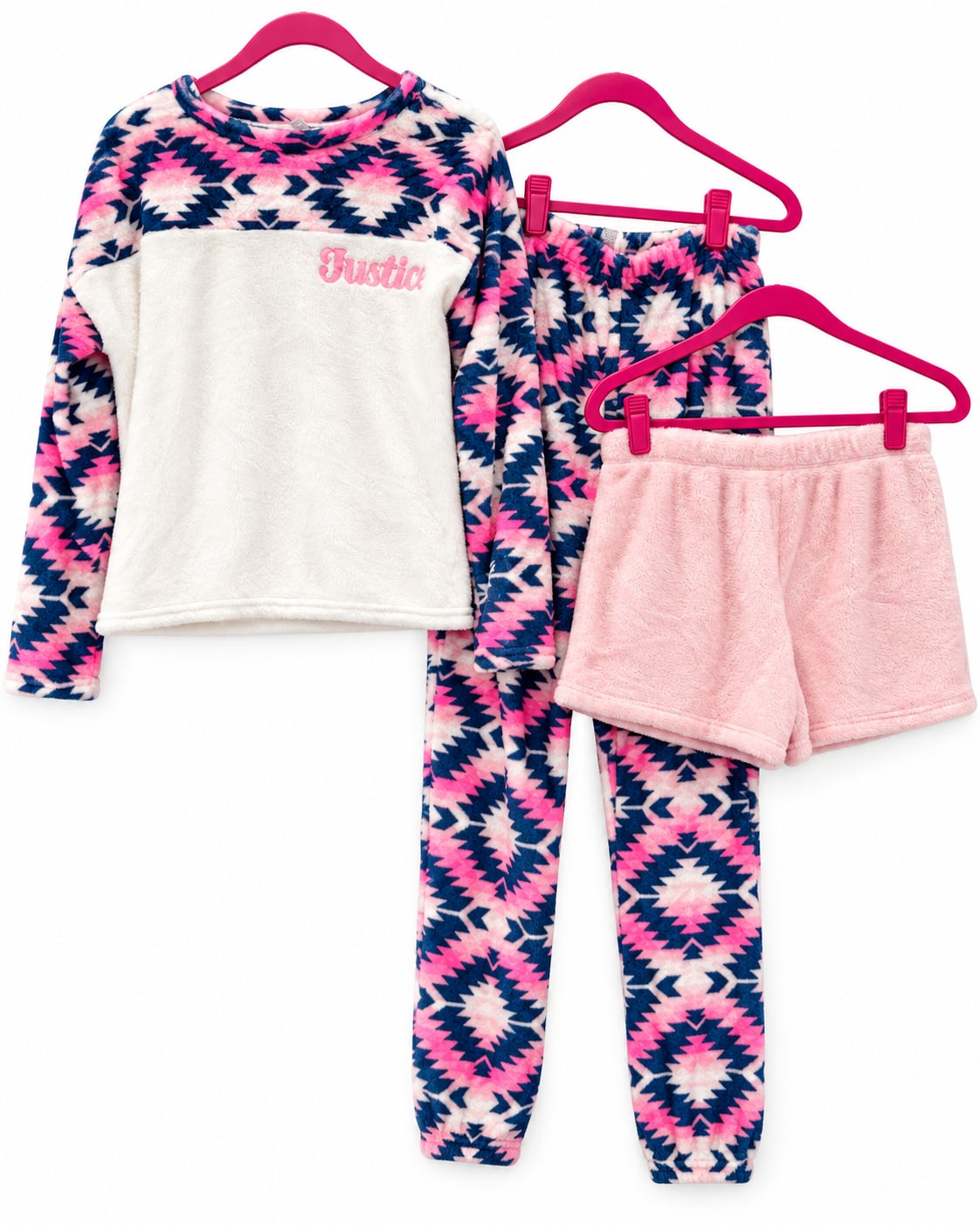 Justice Sleep 3-Piece Plush Pajama Set – Girls Size 12 – Pink/Navy Aztec Print 1