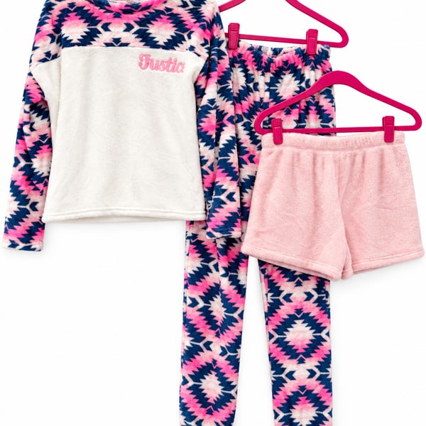Justice Sleep 3-Piece Plush Pajama Set – Girls Size 12 – Pink/Navy Aztec Print