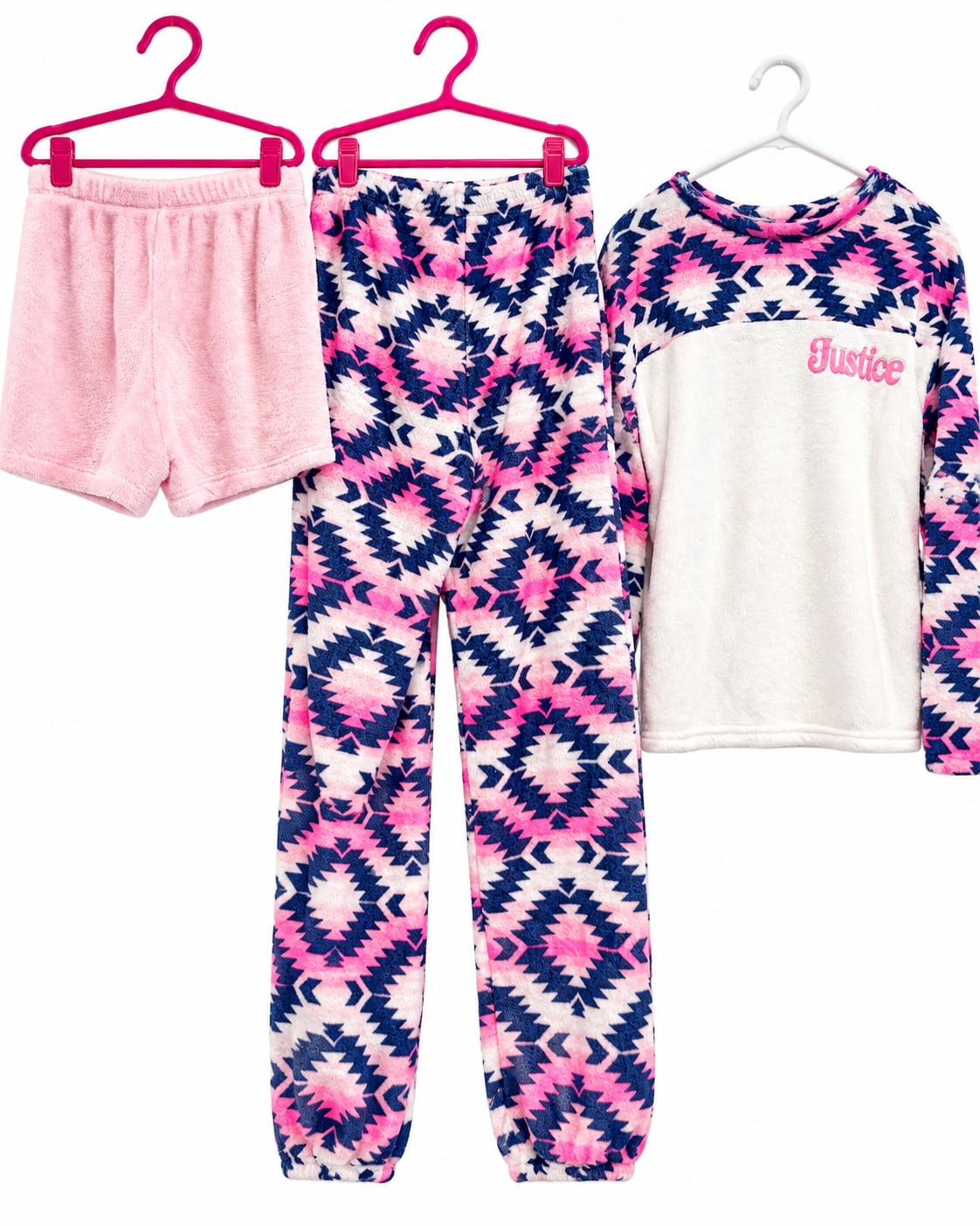 Justice Sleep 3-Piece Plush Pajama Set – Girls Size 12 – Pink/Navy Aztec Print 8