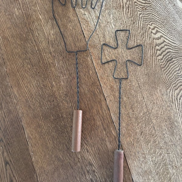 Vintage Primitive Wire Wood Handle Rug Beater Hand and Cross Set