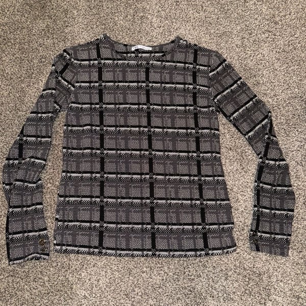 Zara Plaid Top Size S Black White Long Sleeve Round Neck Knit Blouse