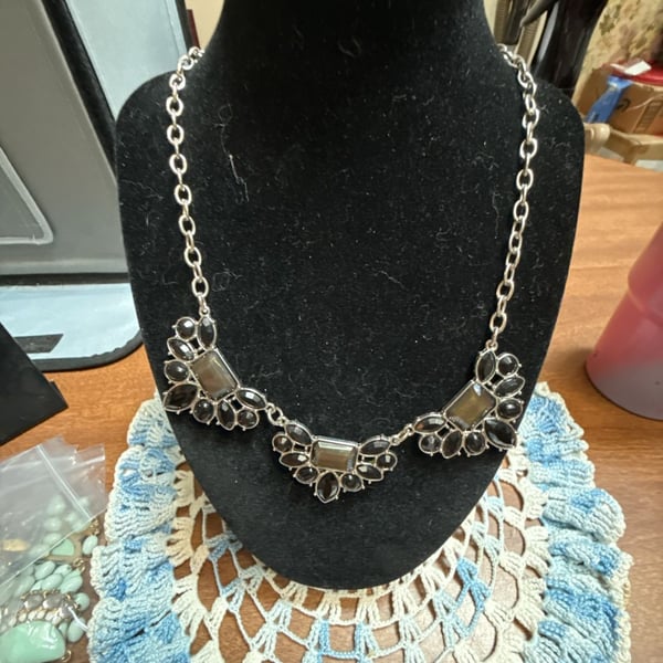 Unbranded Silver Tone Black Rhinestone Statement Necklace