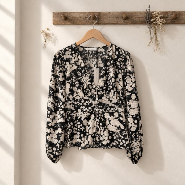 Rebecca Minkoff Cindy Floral Blouse Size XXS Black White Long Sleeve