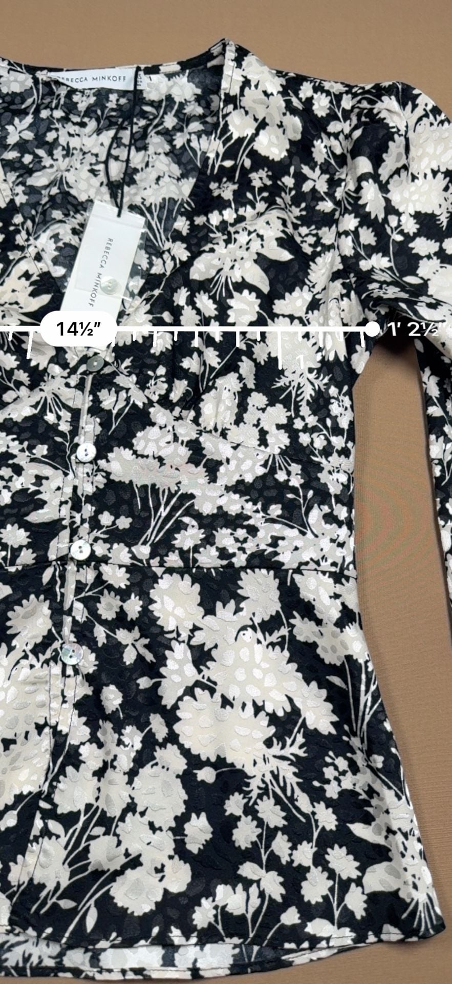 Rebecca Minkoff Cindy Floral Blouse Size XXS Black White Long Sleeve 9