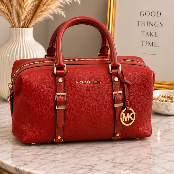 Michael Kors Bedford Legacy Pebbled Leather Duffel Satchel Red
