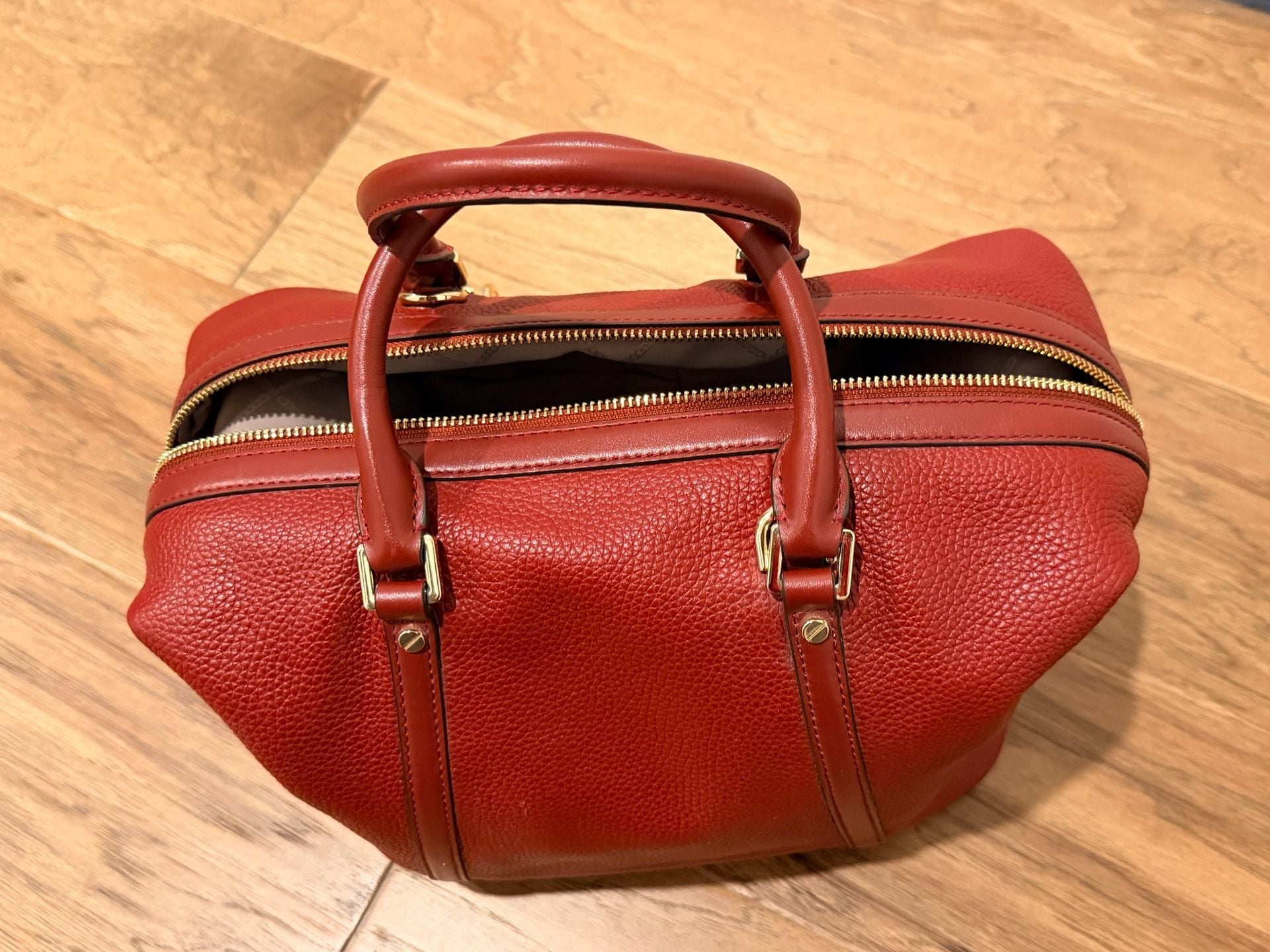 Michael Kors Bedford Legacy Pebbled Leather Duffel Satchel Red 13