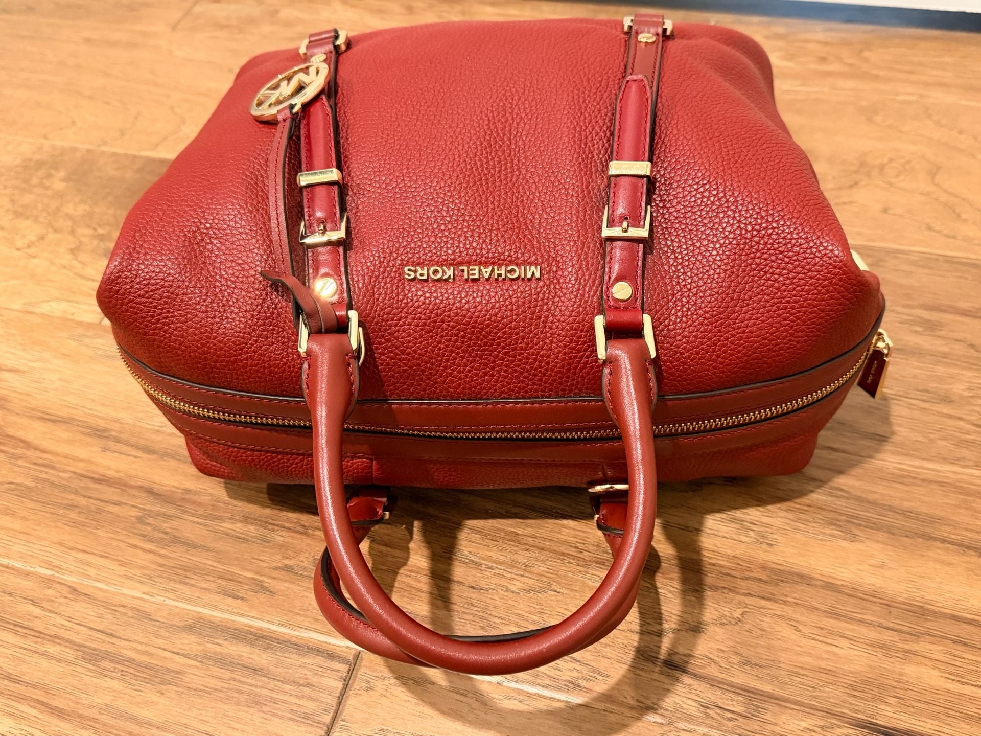 Michael Kors Bedford Legacy Pebbled Leather Duffel Satchel Red 14