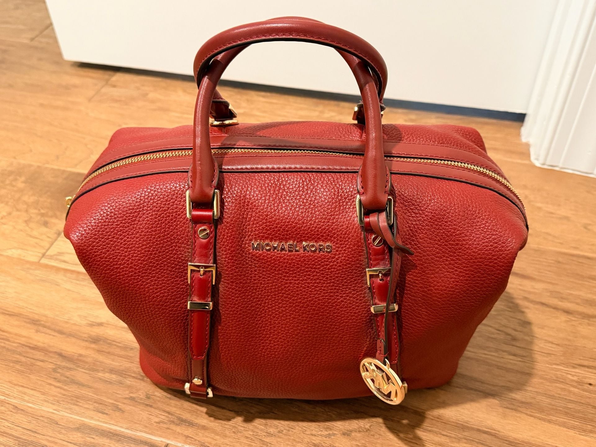 Michael Kors Bedford Legacy Pebbled Leather Duffel Satchel Red 15