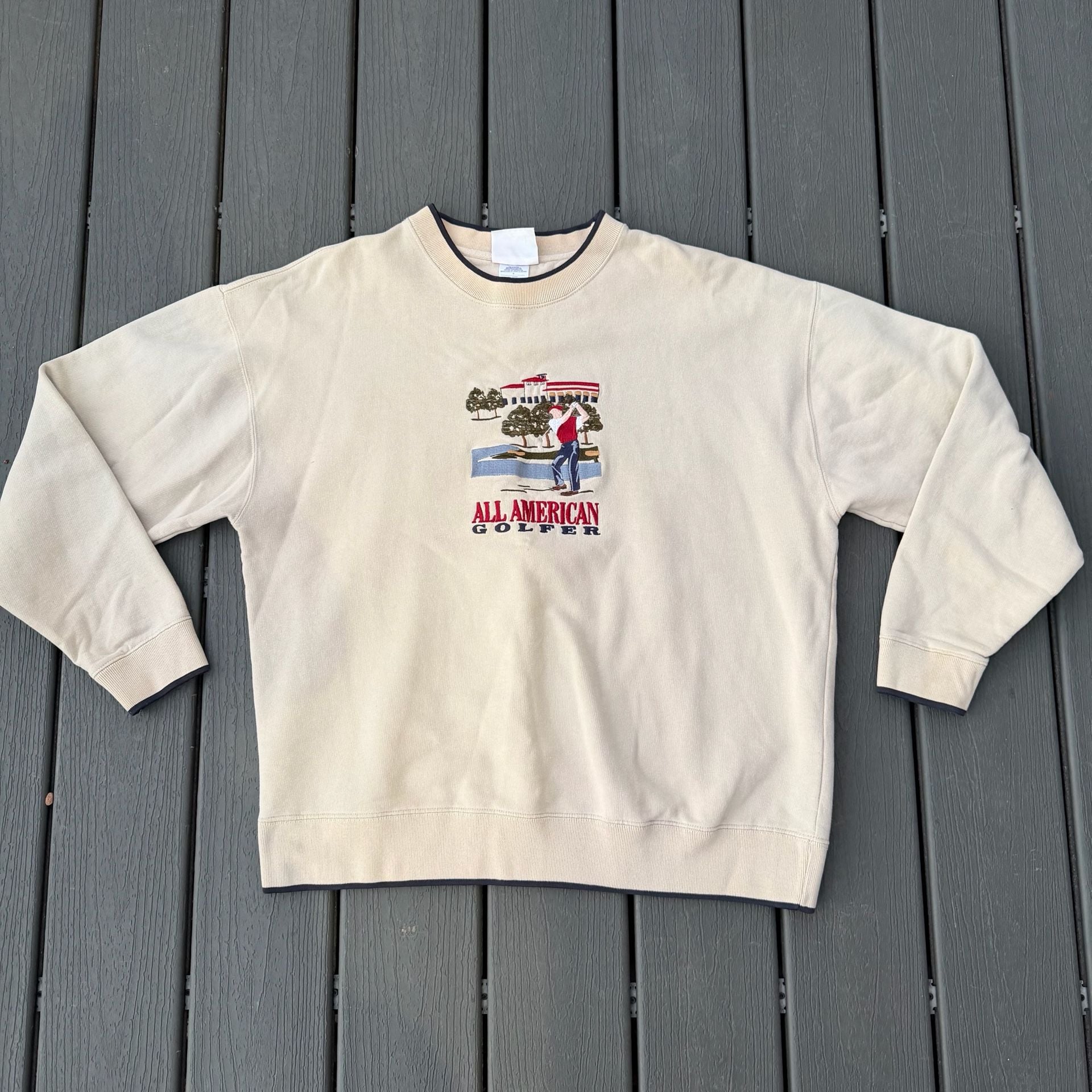 Grandpa Core All American Golfer Embroidered Golf Graphic Cream Sweatshirt XL 2