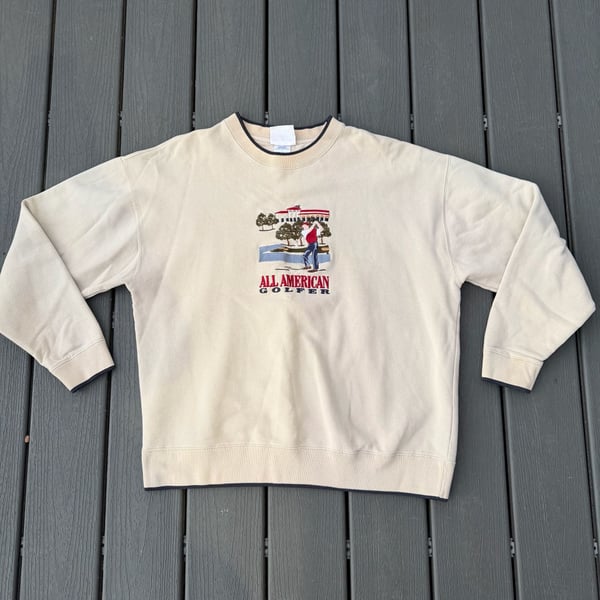 Grandpa Core All American Golfer Embroidered Golf Graphic Cream Sweatshirt XL