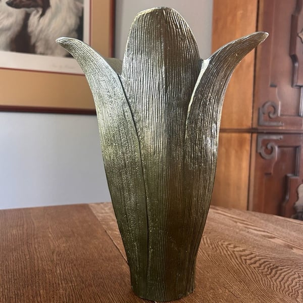 Bird and Brass Tulip Leaves Metal Vase Gold