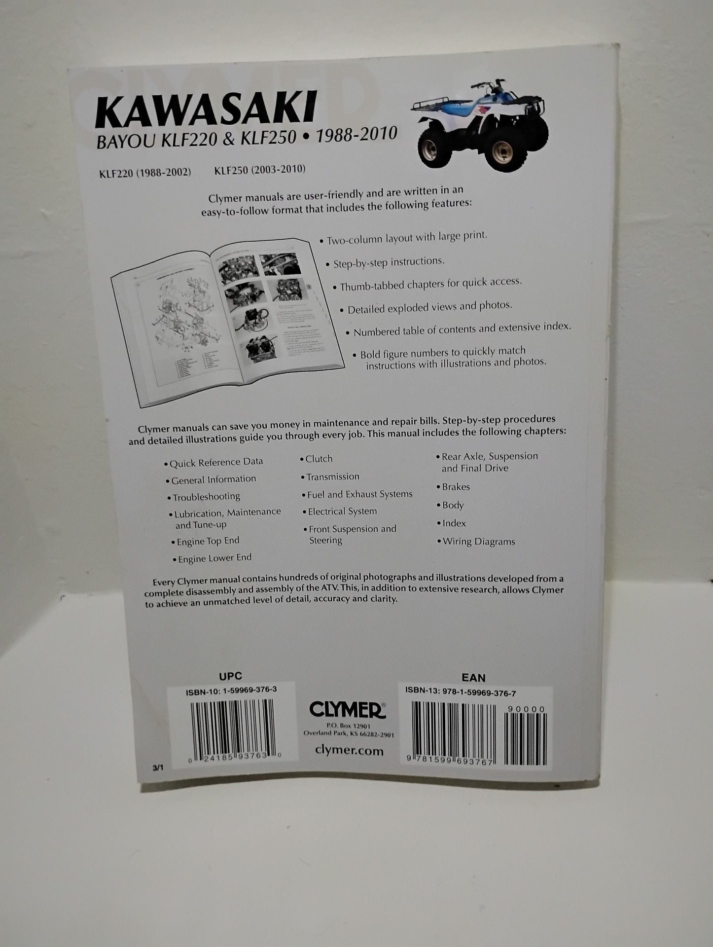 Clymer Kawasaki Bayou KLF220 & KLF250 1988-2010 Service Manual M465-3 2