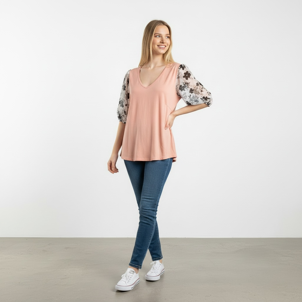 Ces Femme Floral Puff Sleeve V-Neck Top Pink 3