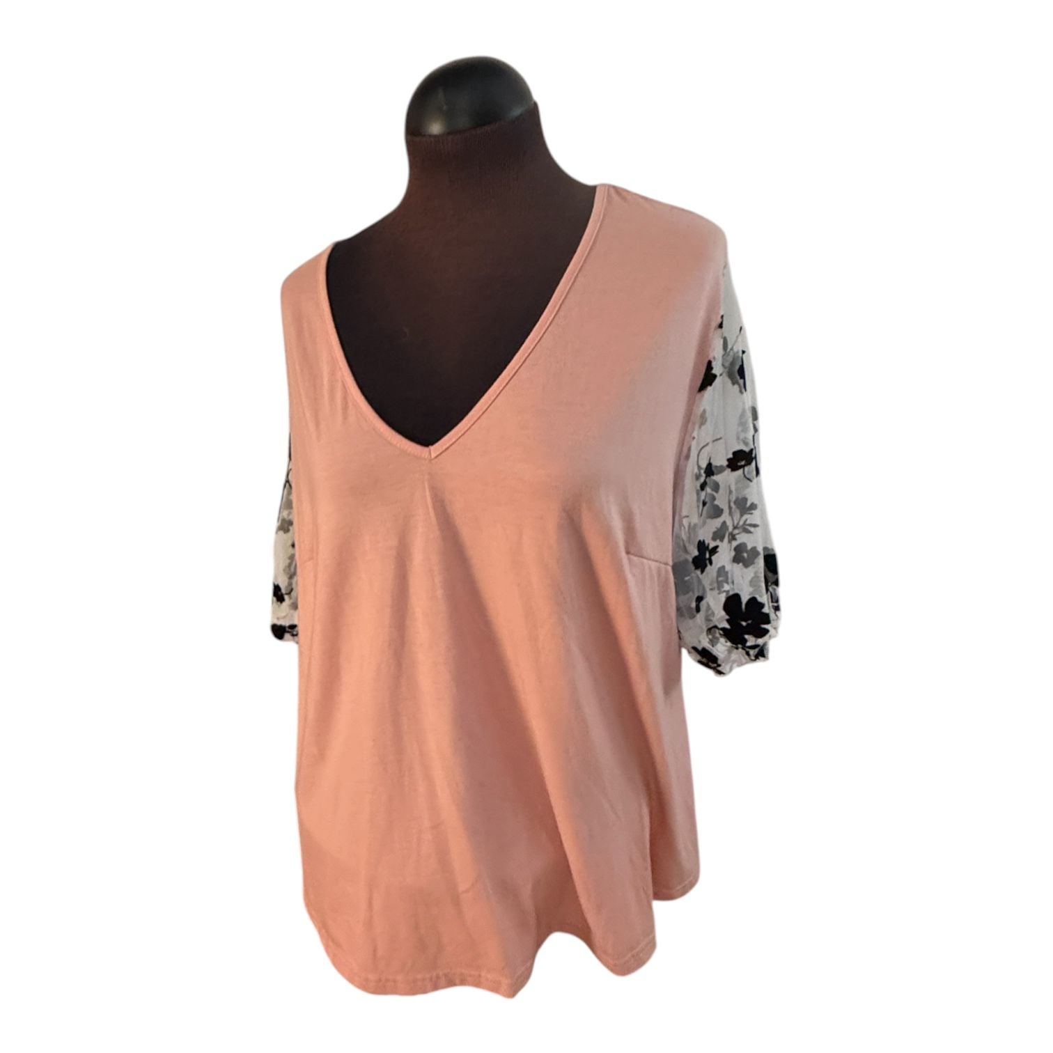 Ces Femme Floral Puff Sleeve V-Neck Top Pink 4
