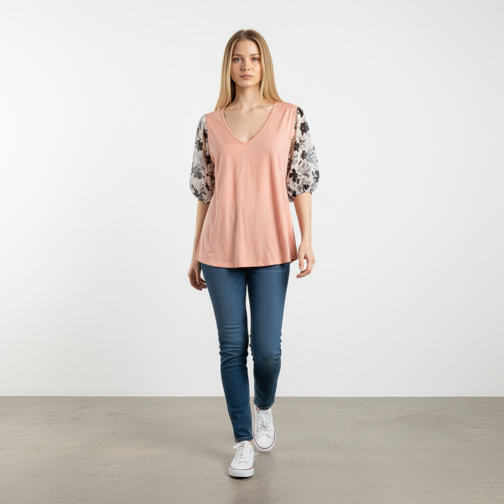 Ces Femme Floral Puff Sleeve V-Neck Top Pink 2