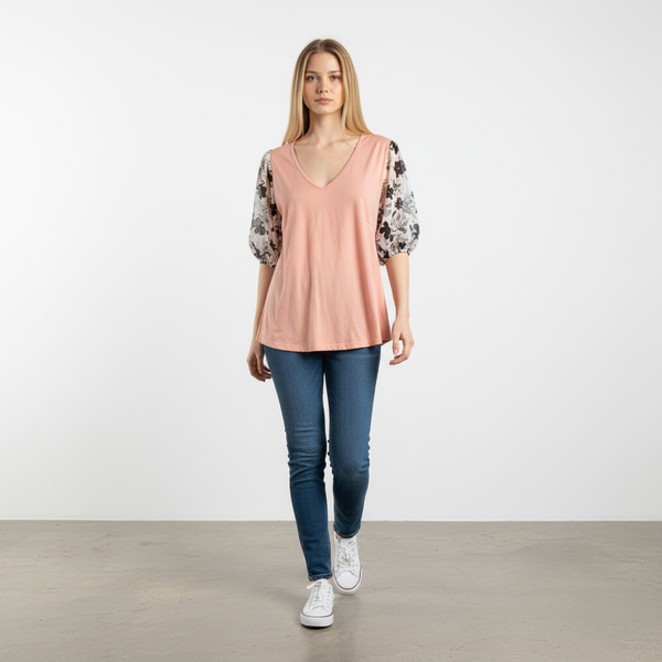Ces Femme Floral Puff Sleeve V-Neck Top Pink