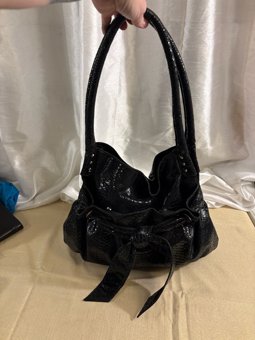 Perlina Black Snakeskin Embossed Leather Handbag 2