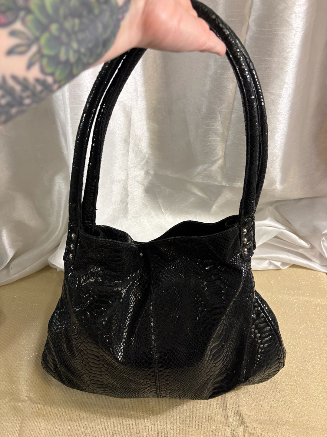 Perlina Black Snakeskin Embossed Leather Handbag 5