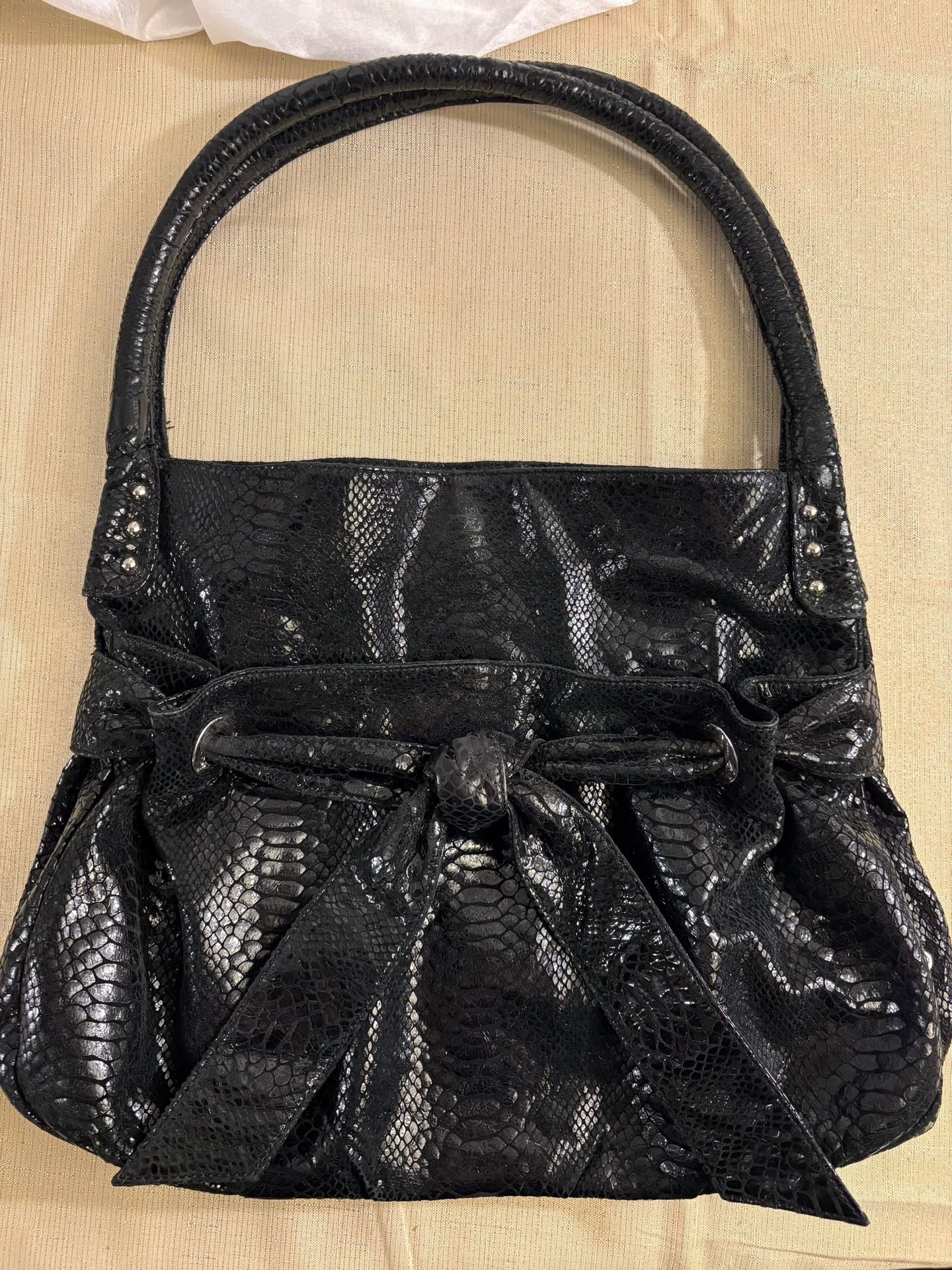 Perlina Black Snakeskin Embossed Leather Handbag 9