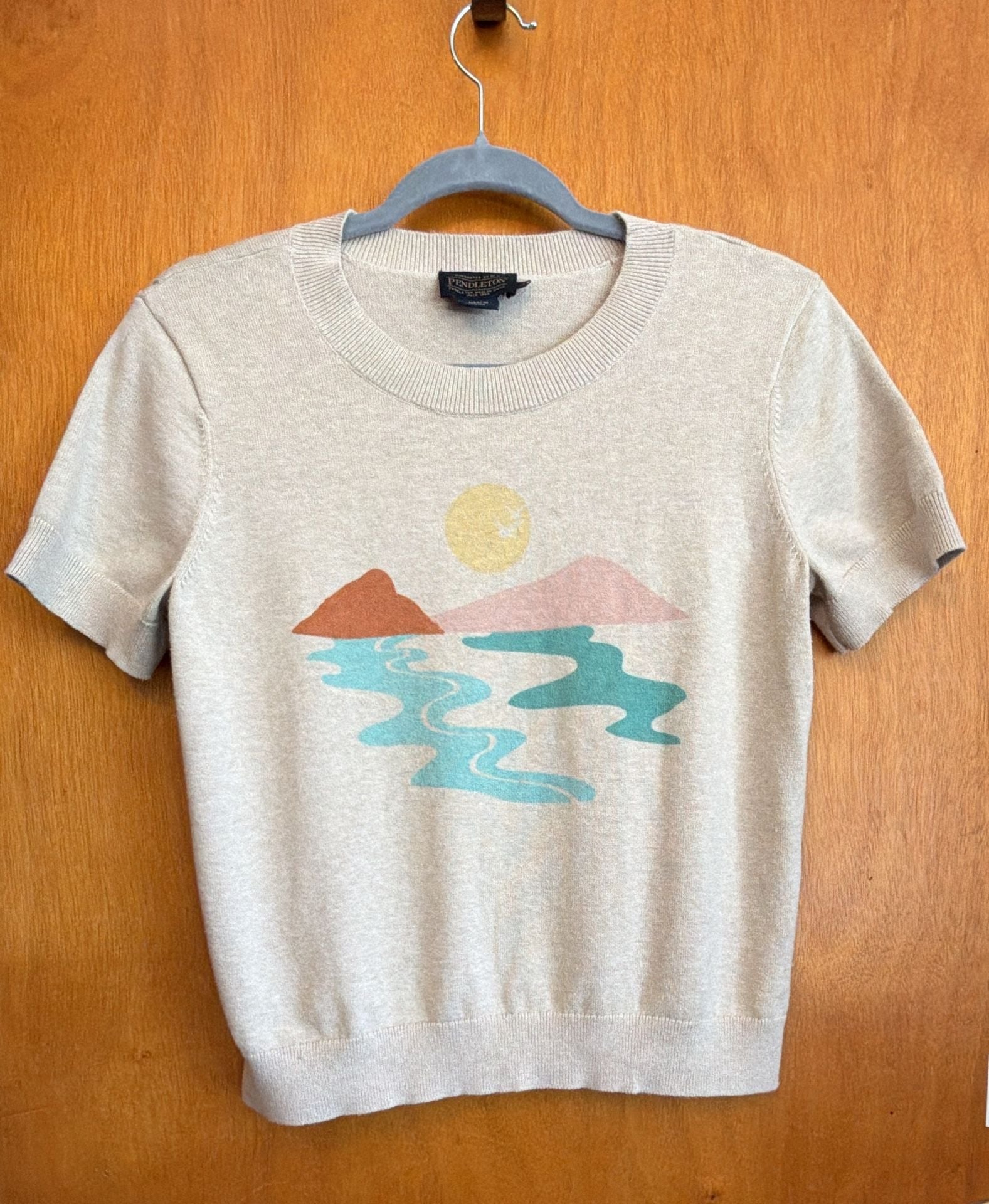 Pendleton Coastal Sunset Sweater Size M Beige Knit Short Sleeve Scenic 2