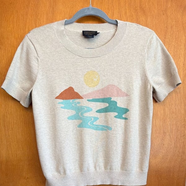 Pendleton Coastal Sunset Sweater Size M Beige Knit Short Sleeve Scenic