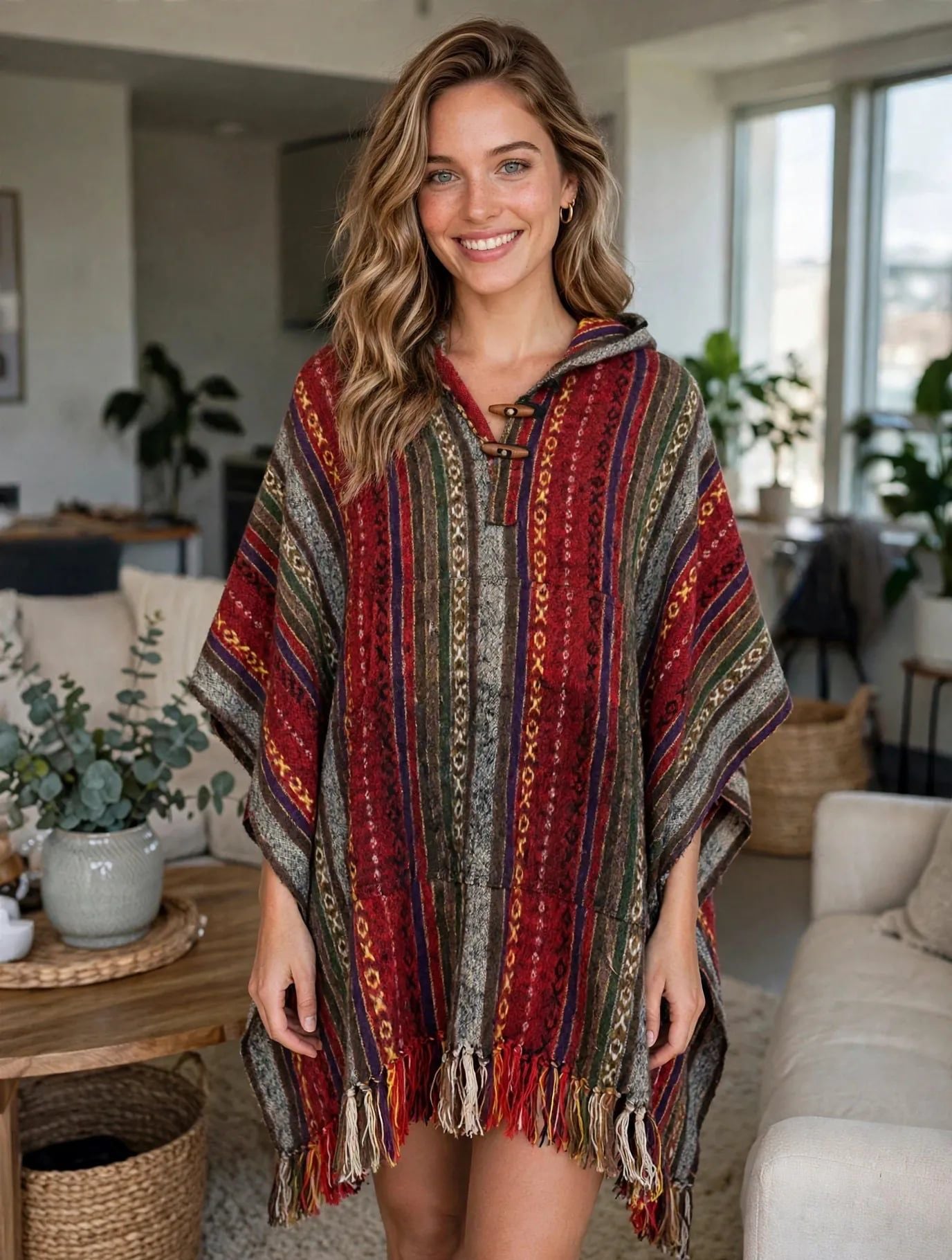 Kathmandu Imports Hooded Poncho Striped Cotton Multicolor 3