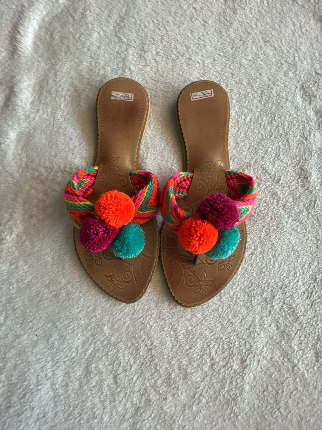 Katico Pom Pom Sandals Size 38 Colorful Braided Flat Thong 2