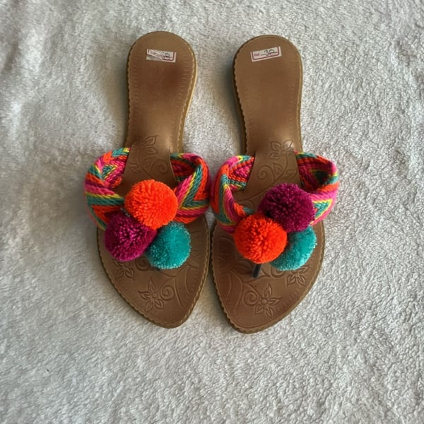 Katico Pom Pom Sandals Size 38 Colorful Braided Flat Thong