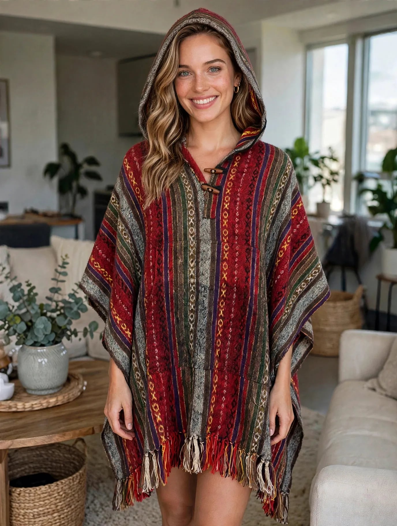 Kathmandu Imports Hooded Poncho Striped Cotton Multicolor 2