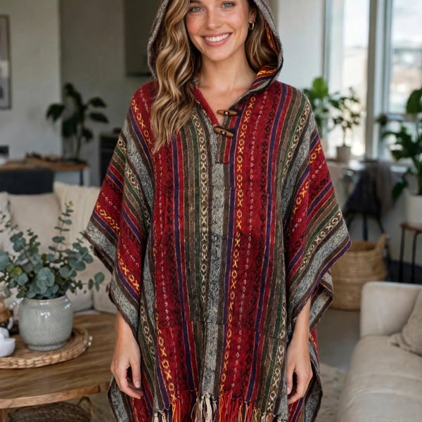 Kathmandu Imports Hooded Poncho Striped Cotton Multicolor