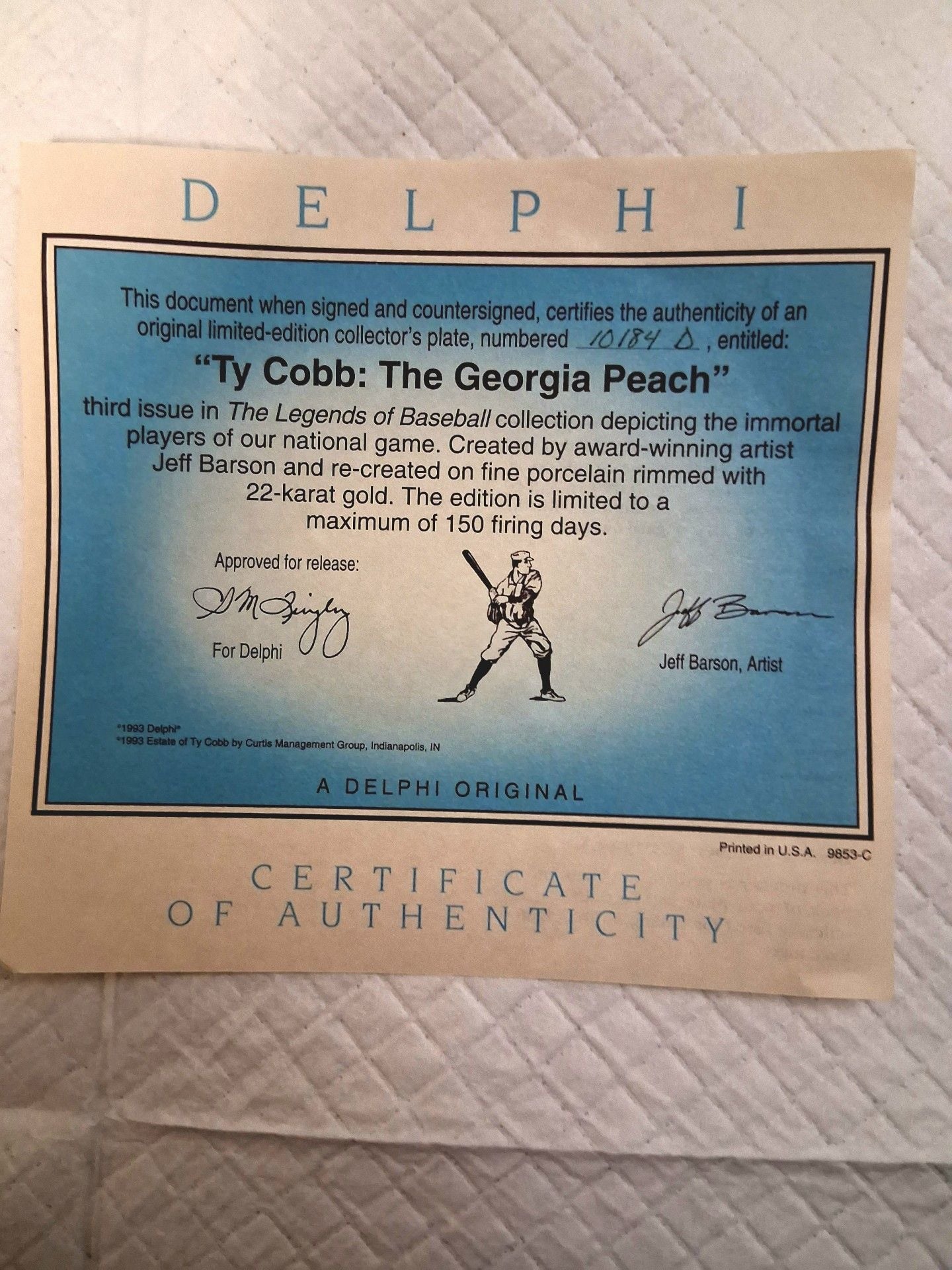 Delphi Ty Cobb The Georgia Peach Collector Plate Jeff Barson 9