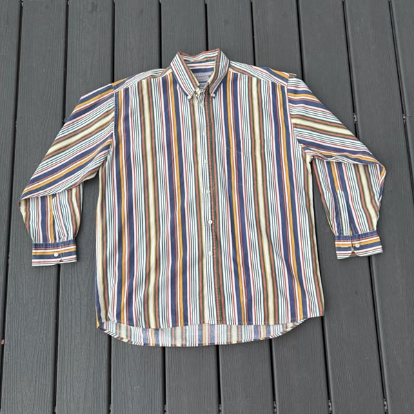 Vintage 90s Pure Stuff Striped Button Down Shirt L Long Sleeve 100% Cotton