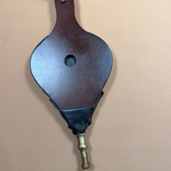 Vintage Wooden Leather Fireplace Bellows With Brass Nozzle