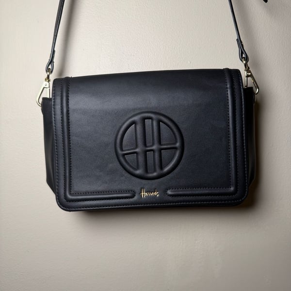 Harrods Black Crossbody Bag Gold Hardware Logo Flap Closure