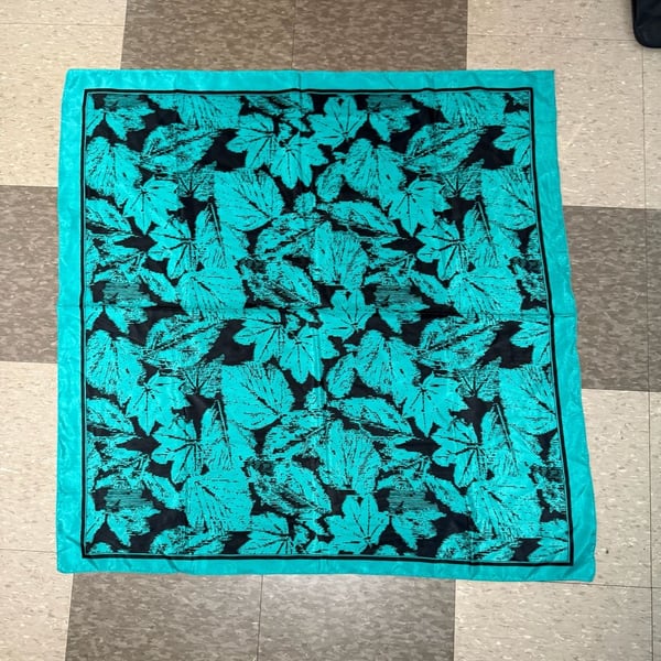 Vintage Silk Scarf Teal Black Leaf Print Square Neckwear