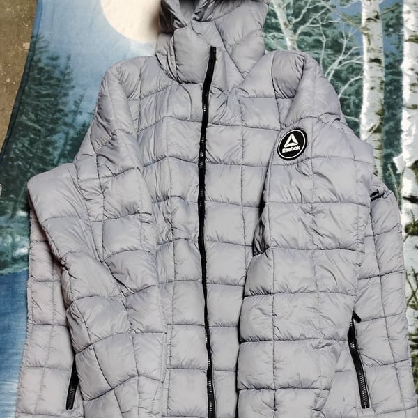 Reebok Puffer Jacket Gray Quilted Hooded
