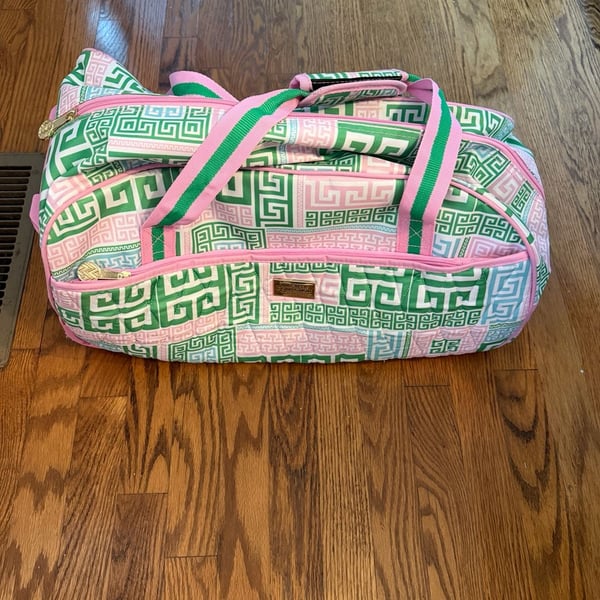 MacBeth Collection Rolling Duffle Bag Pink Green Greek Key Sz 24 x 12