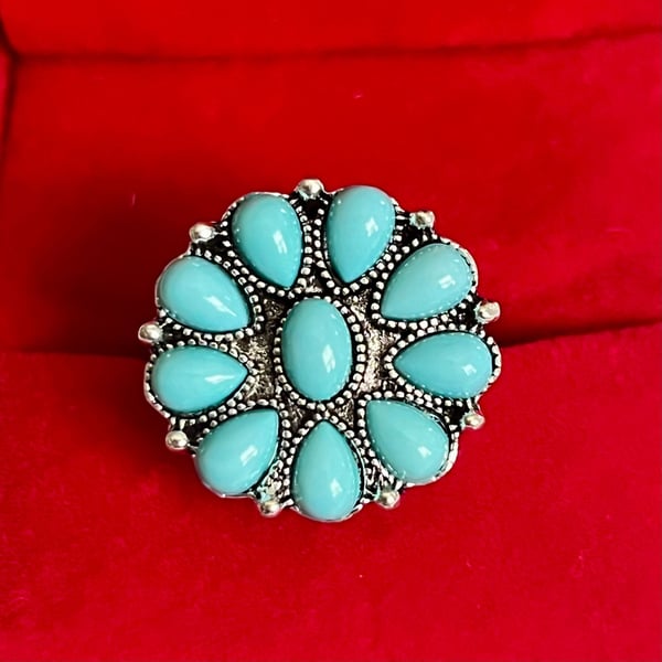 Vintage Turquoise Cluster Ring Silver Titanium Steel Boho Size 6