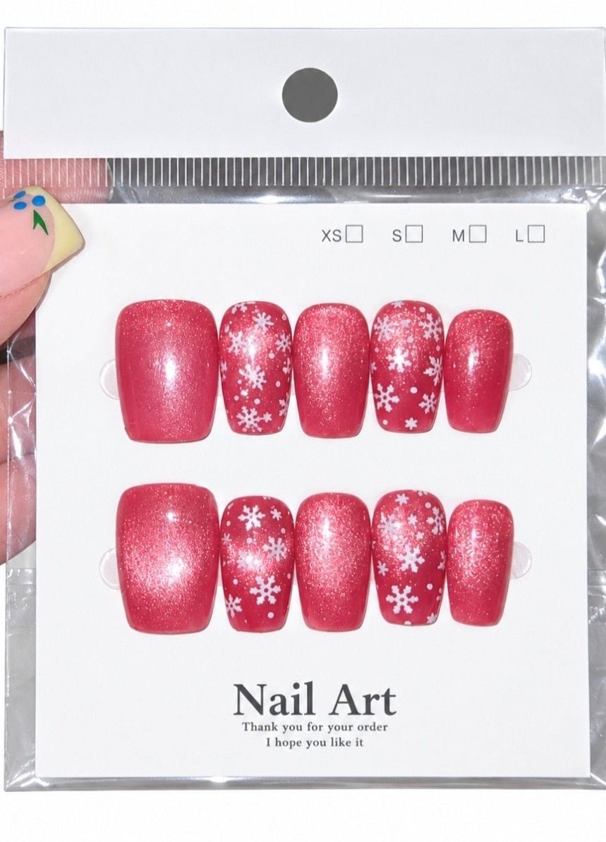 Nail Art Red Cat Eye Snowflake Christmas Press-On False Nails 1