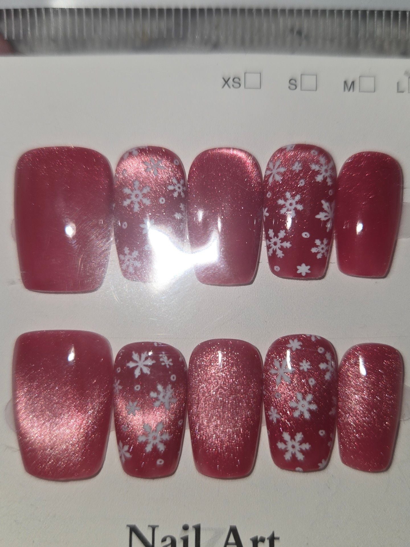 Nail Art Red Cat Eye Snowflake Christmas Press-On False Nails 2