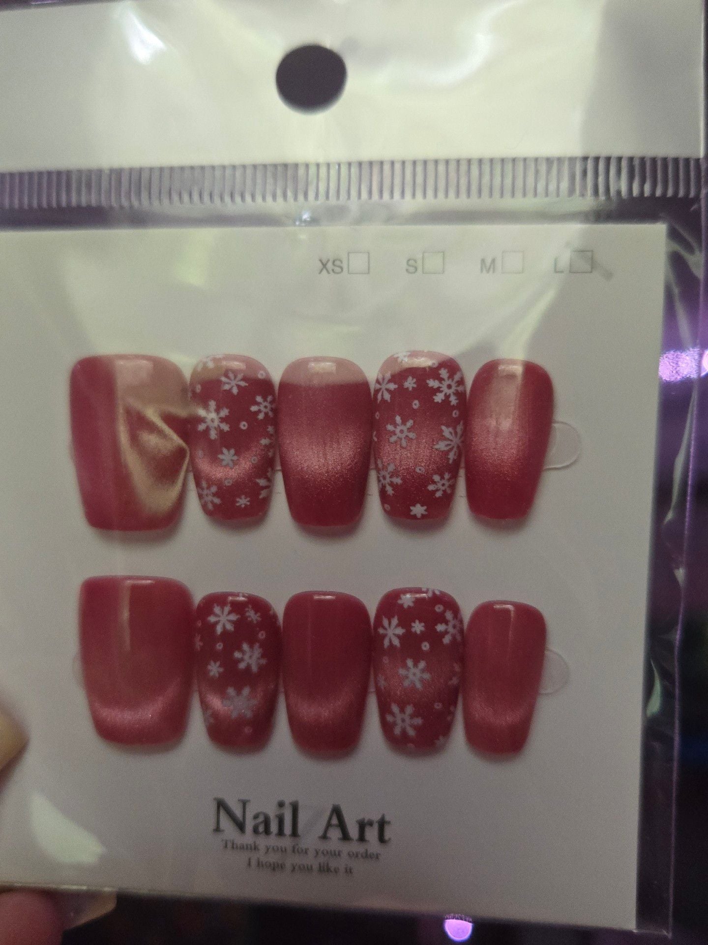 Nail Art Red Cat Eye Snowflake Christmas Press-On False Nails 3
