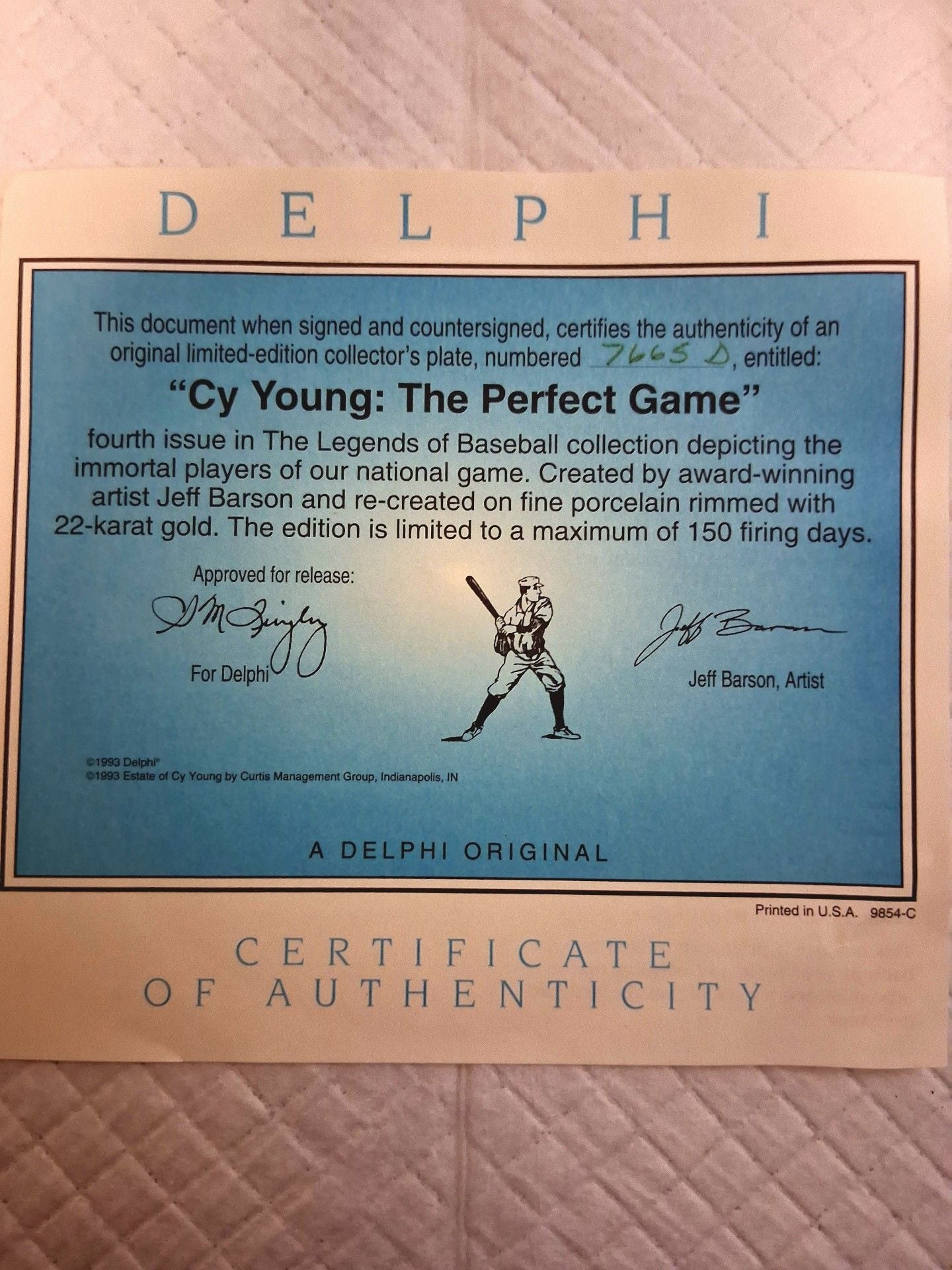 Delphi Cy Young The Perfect Game Collector Plate 9