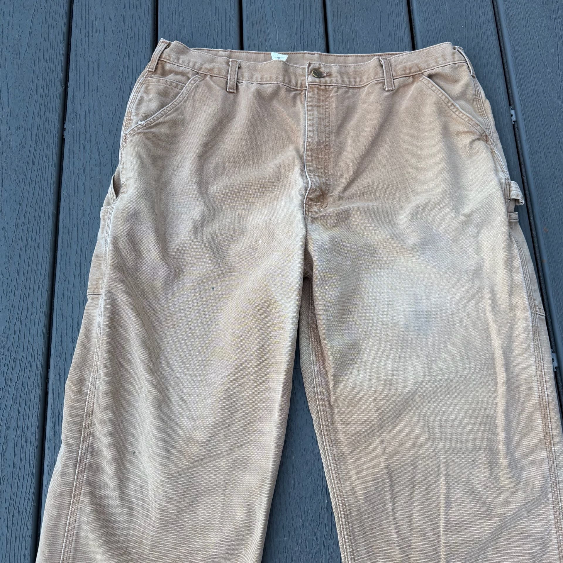 Vintage Carhartt Canvas Carpenter Work Worn Pants Brown Distressed 42x36 4