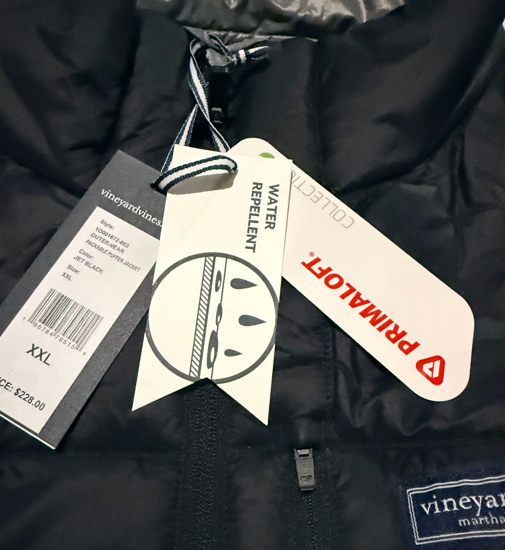 Vineyard Vines Packable Puffer Jacket Size XXL Jet Black Primaloft 7