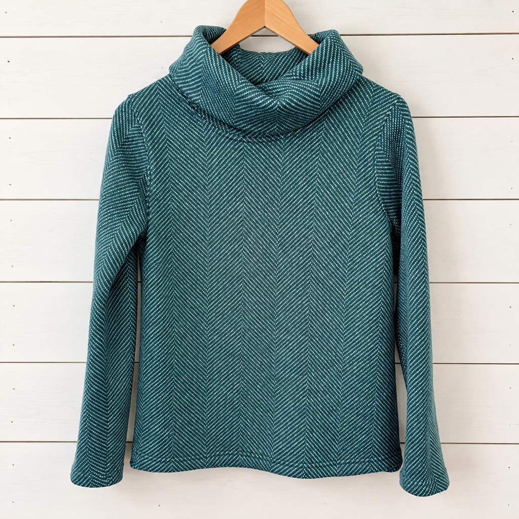 J crew Cowl Neck Sweatshirt Teal Green Herringbone Pattern 3