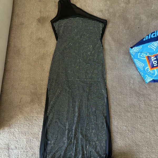 Aclosy Rhinestone Mesh Feather Bandage Dress Size XXL Black One-Shoulder