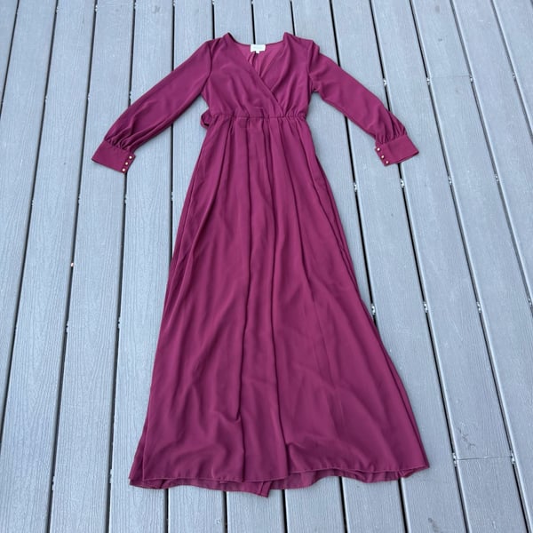 Bohme Veronica Long Sleeve Wrap Maxi Dress Burgundy Sheer Chiffon Belted Vneck S